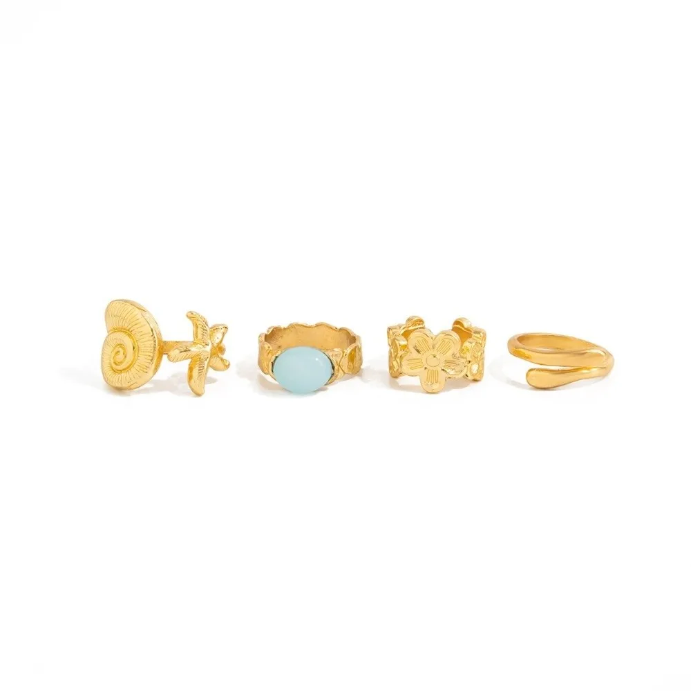 4Pcs/set Ocean Style Toe Ring Set Gem Inlay Metal Base Starfish Ring Multi Shape Stack Match Ocean Style Decor Photo Shoot