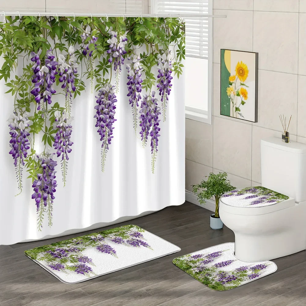 4Pcs Purple Trailing Vine Floral Shower Curtain Rug Set Lavender Butterfly Hanging Curtain Bath Mats Toilet Mats Bathroom Decor