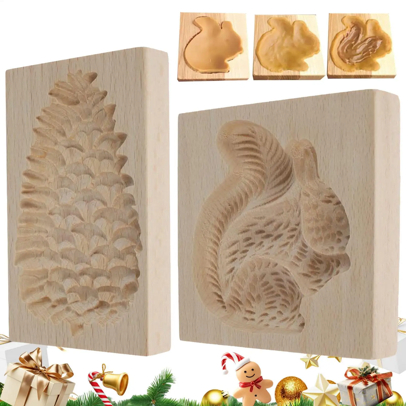 Wooden Cookie Molds 2 Pieces Reusable Cutter 3D Squirrel And Pine Cone Cookie Stamp Mold for Beginner Easter Halloween Christmas
