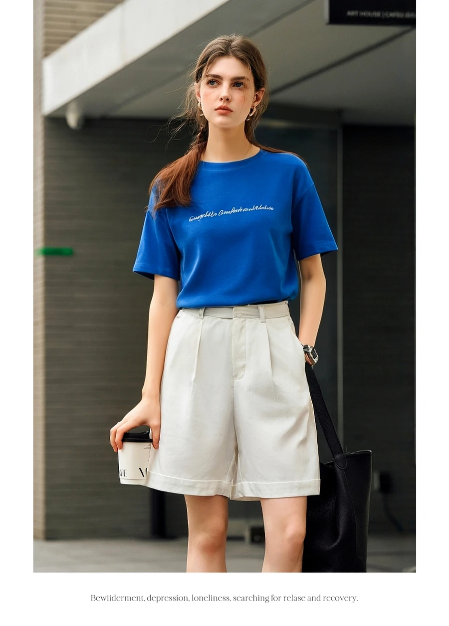 

OLrain Cotton Woman T-shirts 2025 Simple Round Neck White Letter Embroidery Blue Tops Casual Women's Summer Clothes O57XT98202