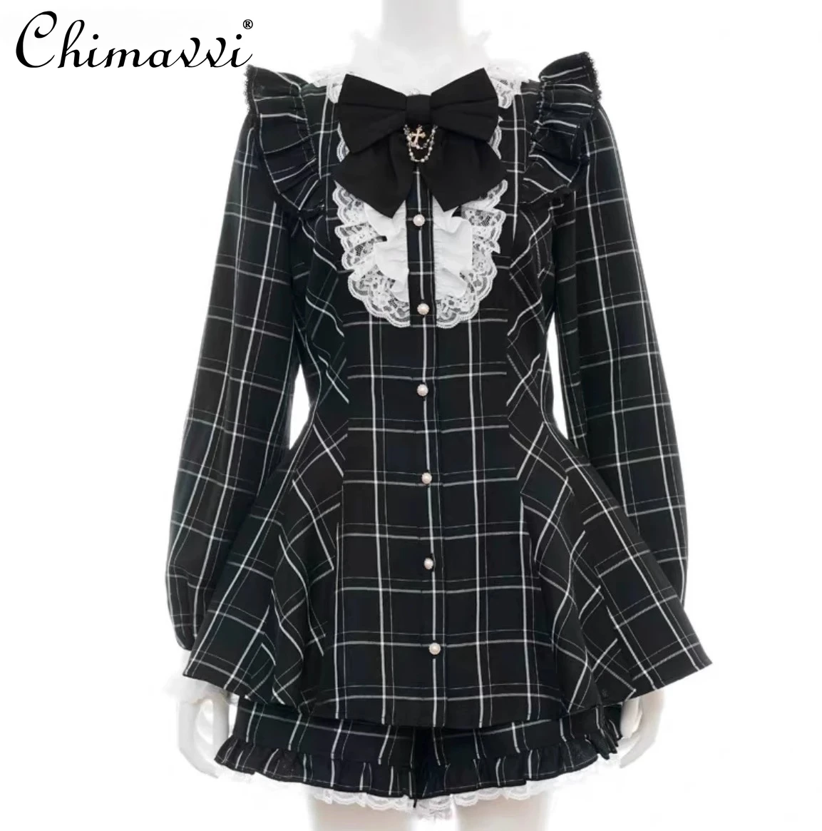 مجموعة SC اليابانية 2025 سلسلة الألغام الجديدة سلسلة الإنتاج الشامل سليم الصليب القوس طويل قصير الأكمام بلوزات + شورت قطعتين مجموعة المرأة #3