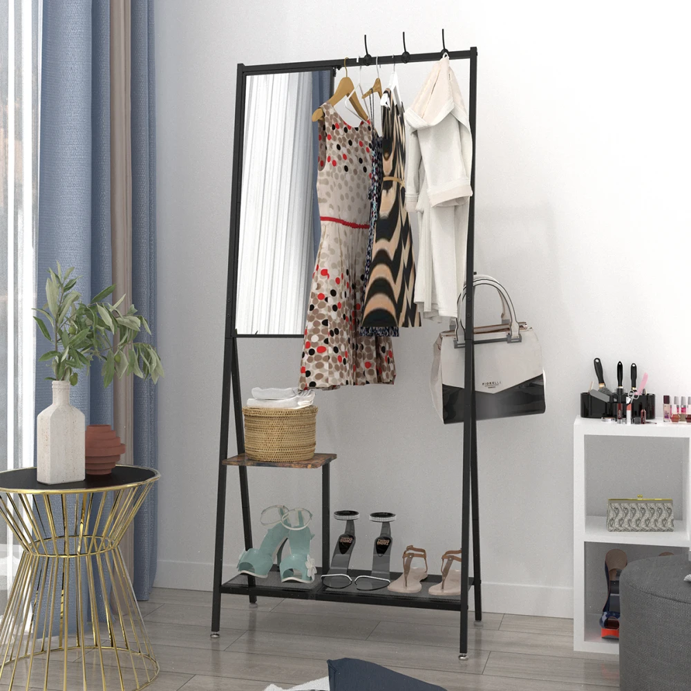 

Coat Rack with Mirror, Hall Tree & Shoe Storage, Aluminum Frame, Industrial Style, Rustic Brown&Black,73x32x15 Inches