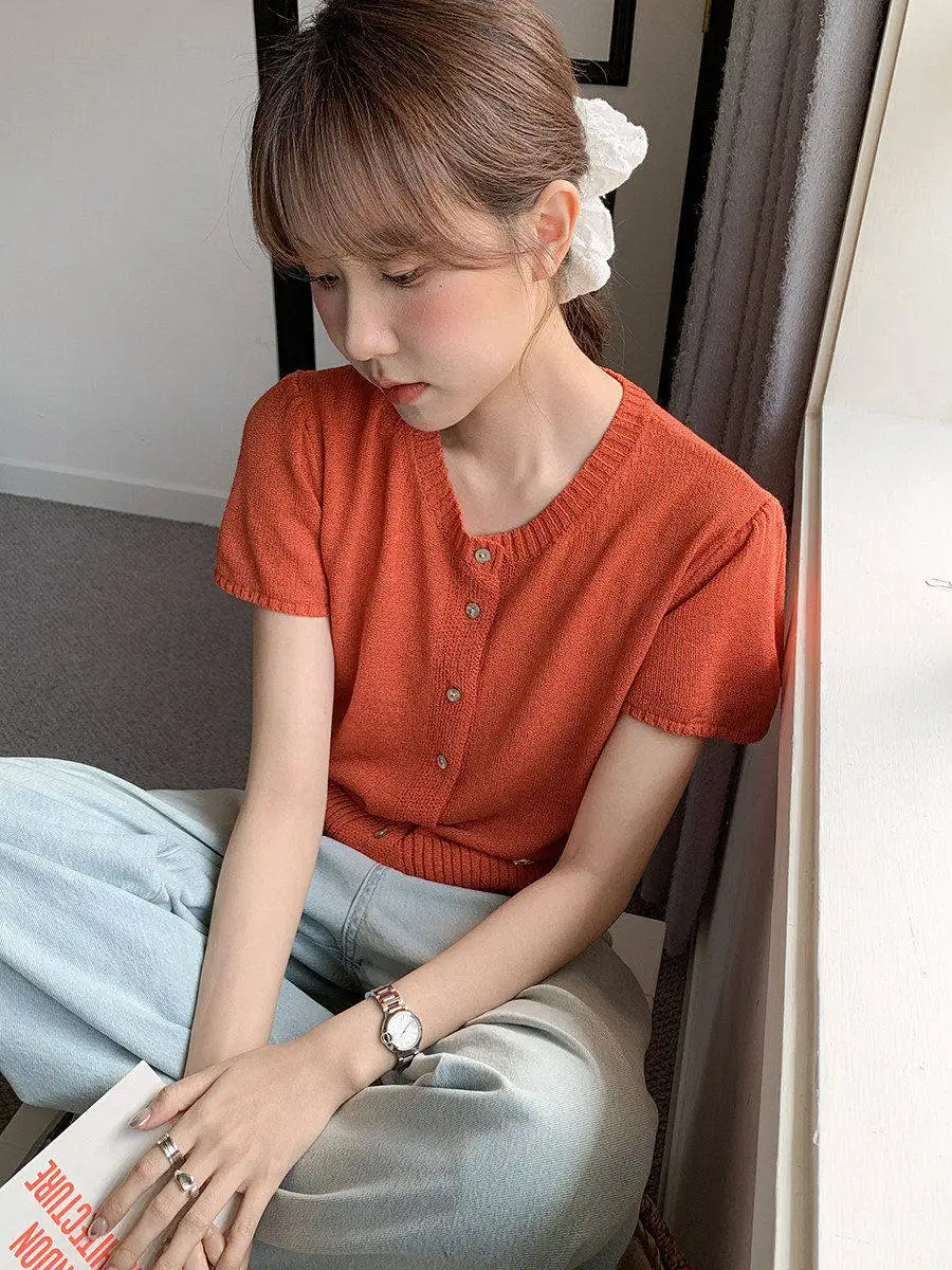 

Linyunyun Knitted Sweater Women's round Ne Orange Color Spring 2025 Korean Sle White Enhancing Open Cardigan Top