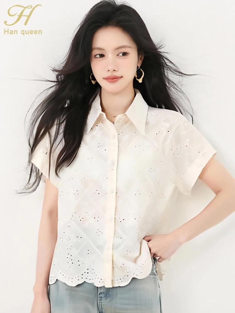 

H Han Queen Elegant Hollow Out Embroidery Blouse Vintage Casual Tops Chiffon Loose Short Sleeve Shirts Korean Women's Clothing