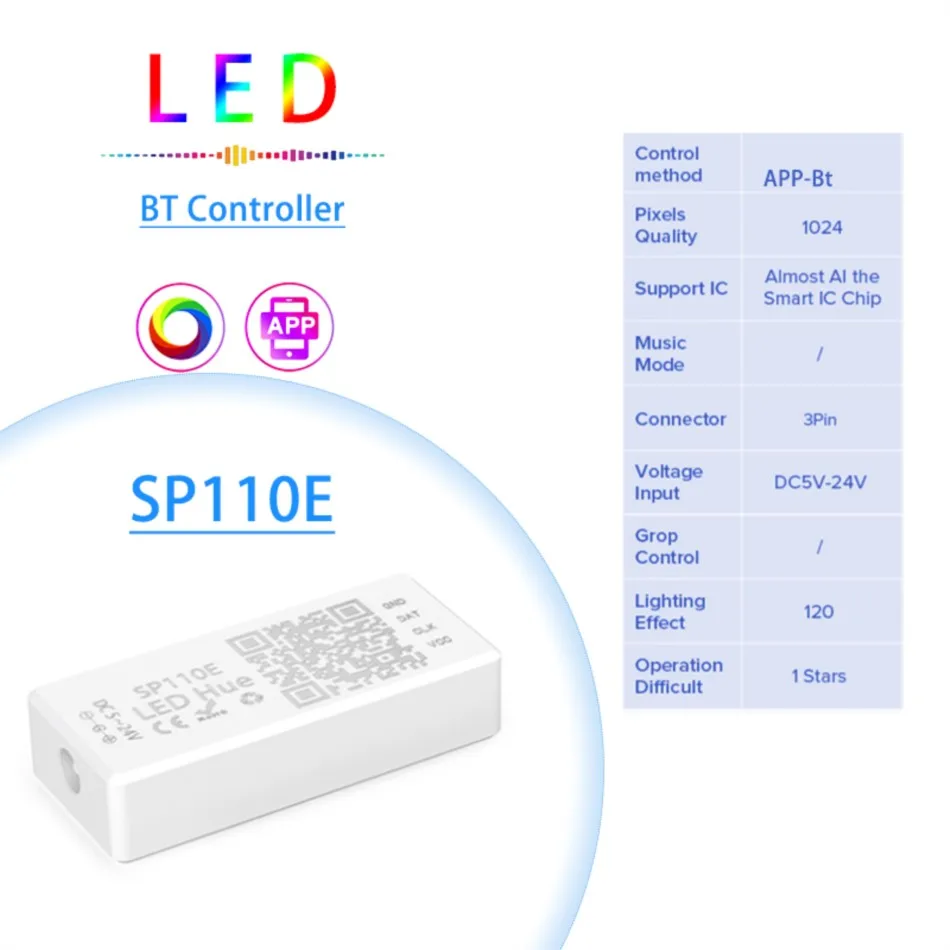 SP110E RGB Controller Bluetooth Smart APP 5V 12V 24V 1024 Pixel for WS2811 WS2812B APA102 SK6812 SPI Addressable LED Strip Light