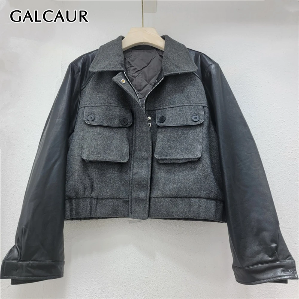 

GALCAUR Solid Spliced Pocket Jacket Female Lapel Long Sleeve Loose Streetwear Women's Jackets Autumn New Fashion Style Clothing