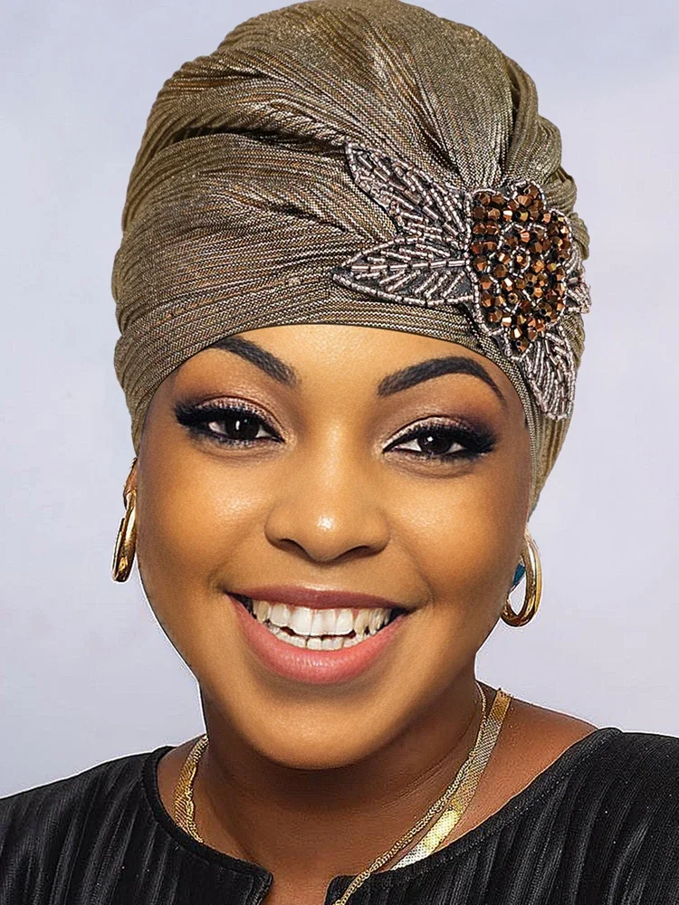 

New Bronzed Pleated Headscarf Hat Muslim Hijab Turban Women Chemo Cap Hair Loss Head Wrap Bonnet Shimmer Headwear Accessories