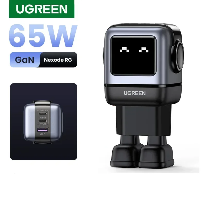 UGREEN Hot Sell Digital Display 65W Fast Charging Phone Charger GaN 100-240V Smart Robot Wall Charger with PWM Chip