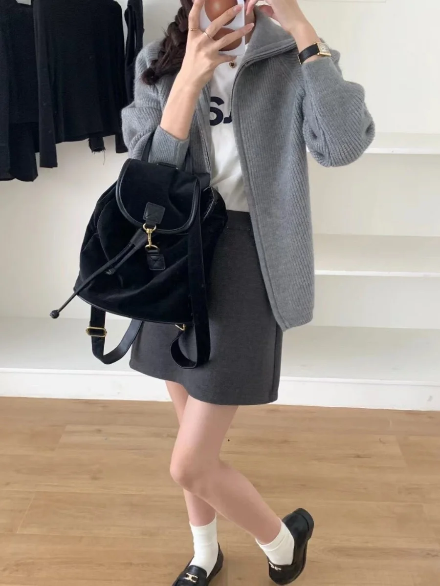 الكورية Sle Thiened ey مزدوجة سستة طوق المرأة Jaet البيض محبوك سترة الخريف الشتاء جديد سترة الوزن الثقيل #2