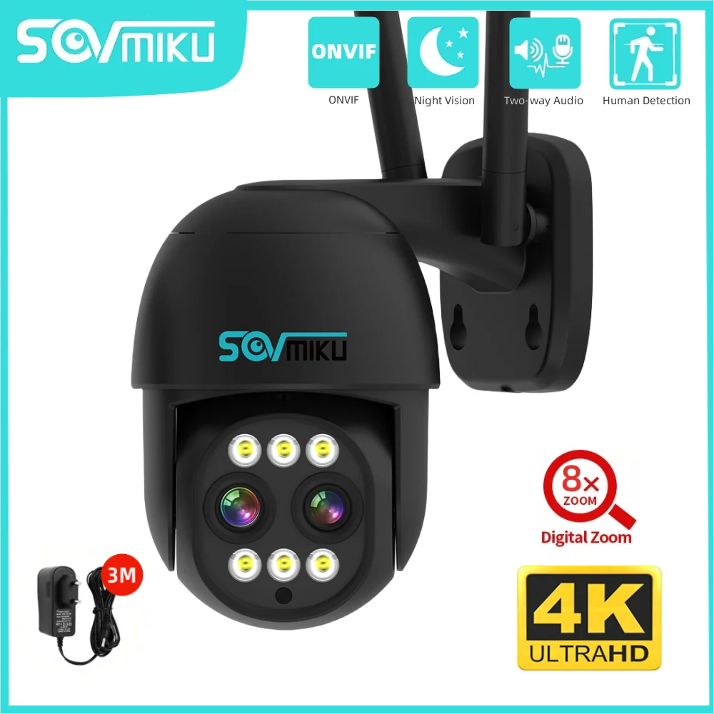 

SOVMIKU 4K 8MP Dual Lens Wifi Smart PTZ IP Camera 8x Digital Zoom ONVIF AI Human Detection CCTV Video Surveillance Camera