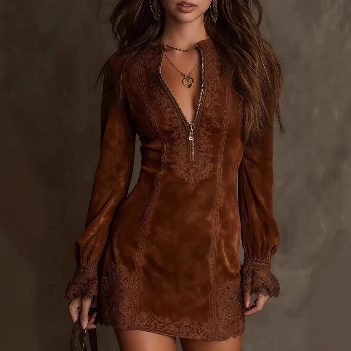 2025 New Women's Dress Long Sleeve Zipper Solid Color Versatile Lace Lace Lace with Cuffs Medium Long Dress for Women