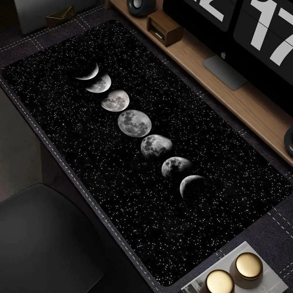 Aesthetic Moon Phase Galaxy Desk Mat, Cosmic Starry Sky Lunar Cycle Art Print Non‑Slip Extended Mousepad