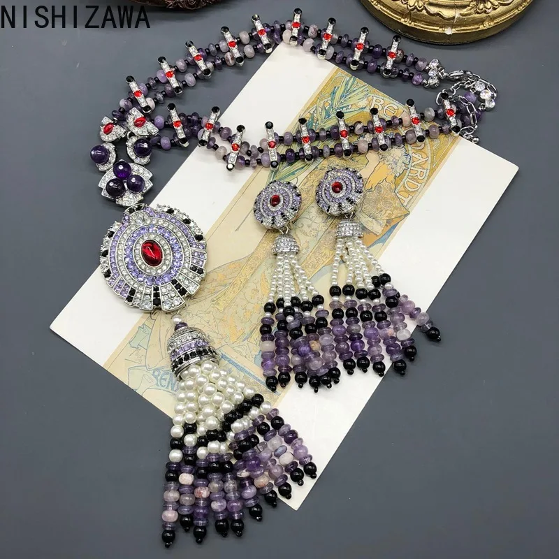 

NISHIZAWA Amethyst Pearls Clip Earrings for Women Palace Style Vintage Long Tassels Aretes De Mujer Luxury Fashion Jewelry