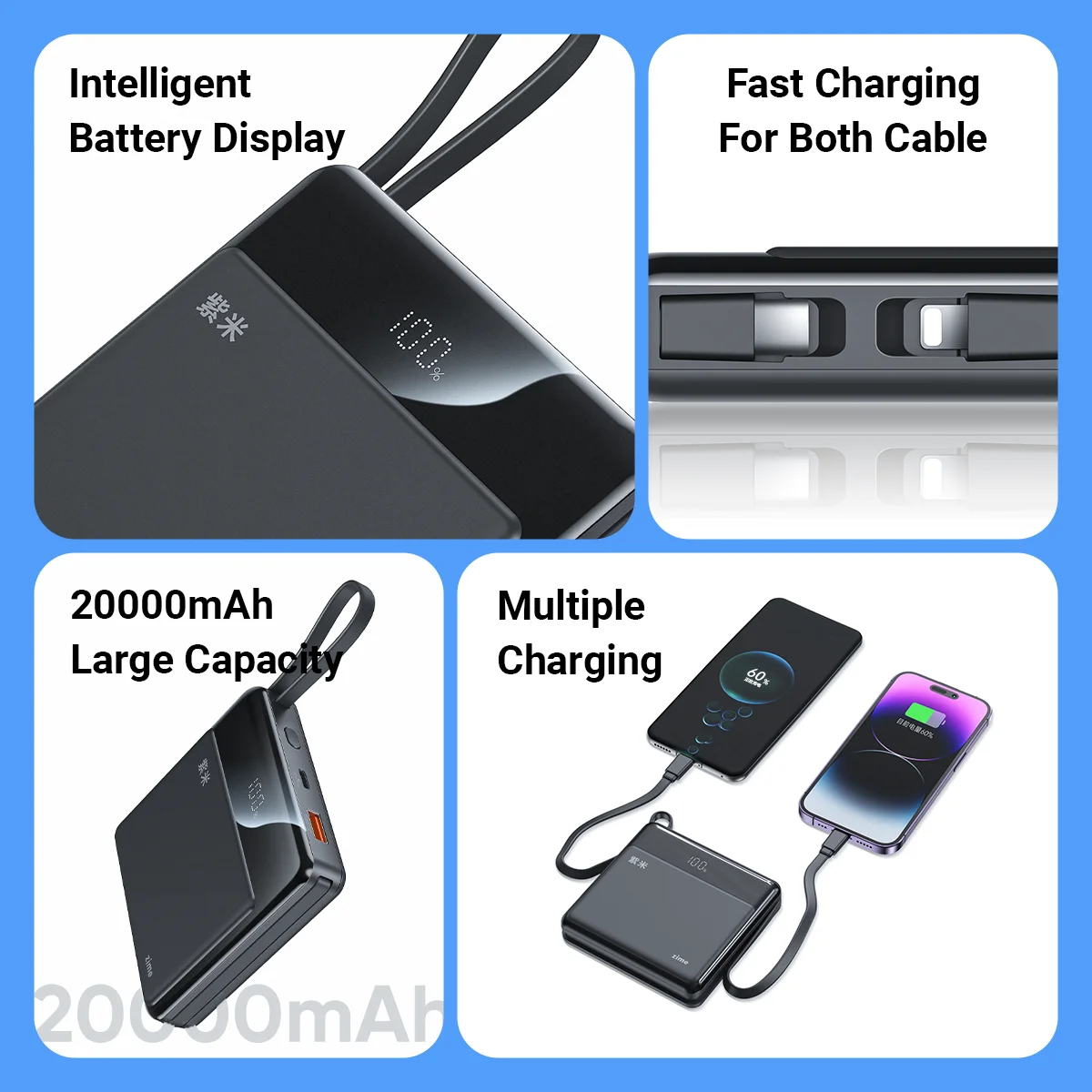 zime 10000mAh 22.5W Built-in Cables Fast Charging Portable Power Bank For Apple For Huawei For Xiaomi Charge Two Devices at Once