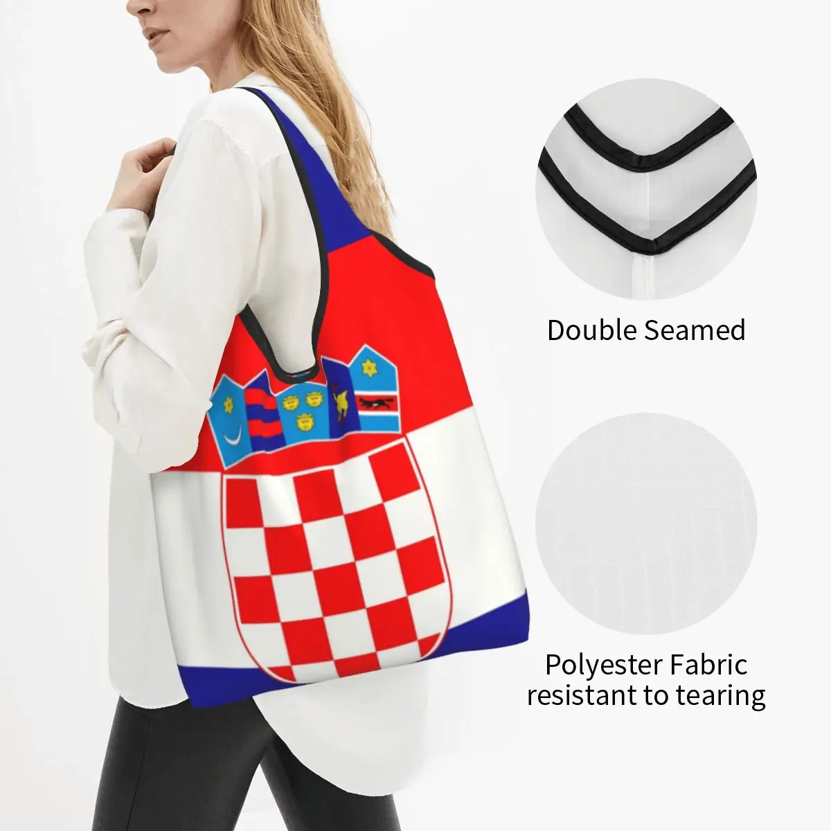 Custom Flag Of Croatia Groceries Tote Shopping Bag Women Kawaii Shopper Shoulder Bag Big Capacity Handbags