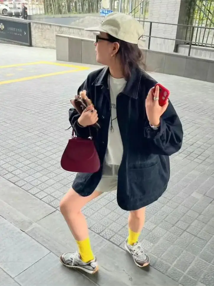 ゆったりとした女性用デニムジャケット、2025年春、ヴィンテージ風、通勤用、シングルピース、ロング丈、襟付き、ボタン留め