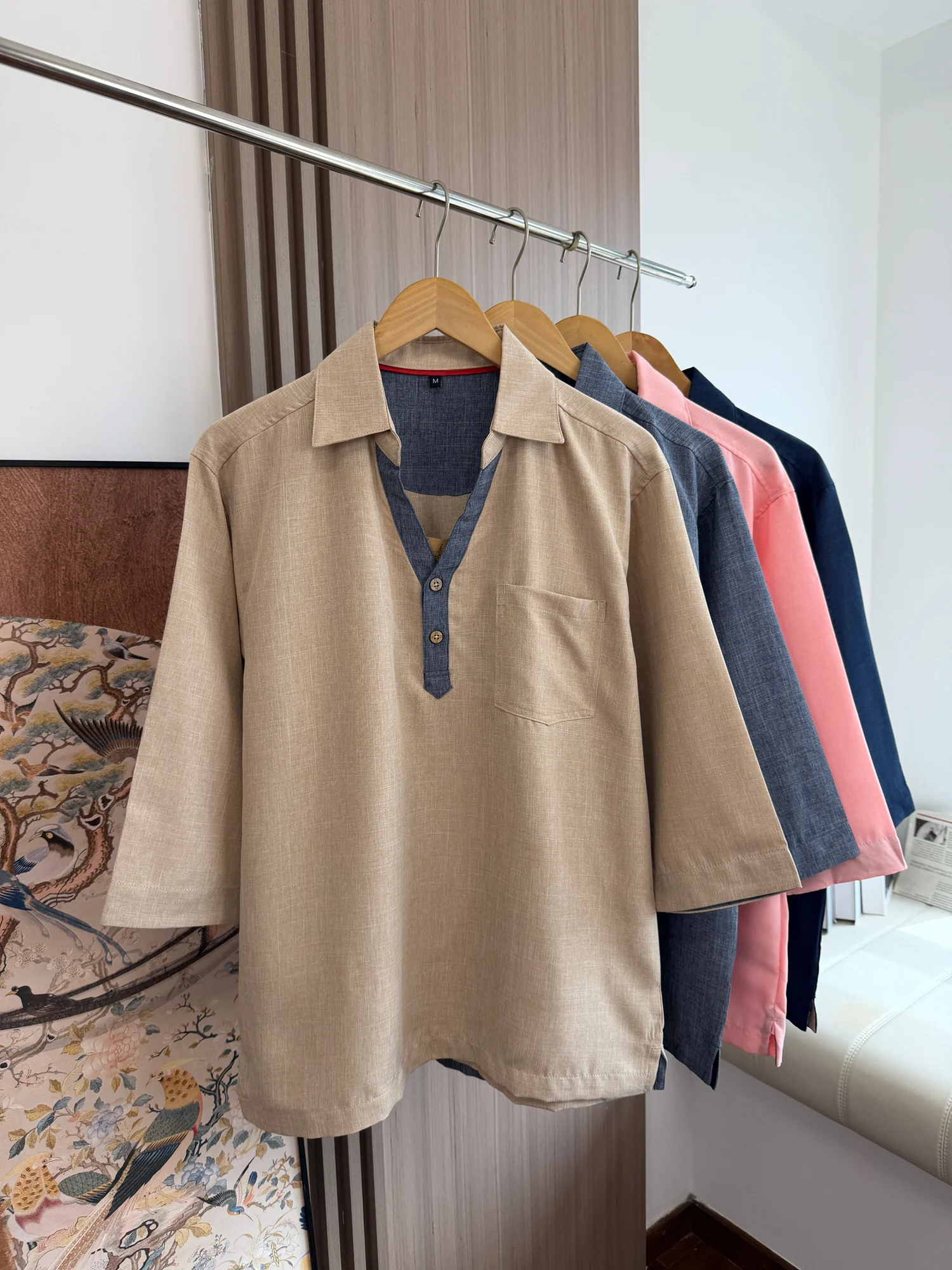 Casual Style Men's Shirt Half Button Placket Seven Sleeve Breathable Comfortable Dry Synthetic Hemp Spring Summer Fashion