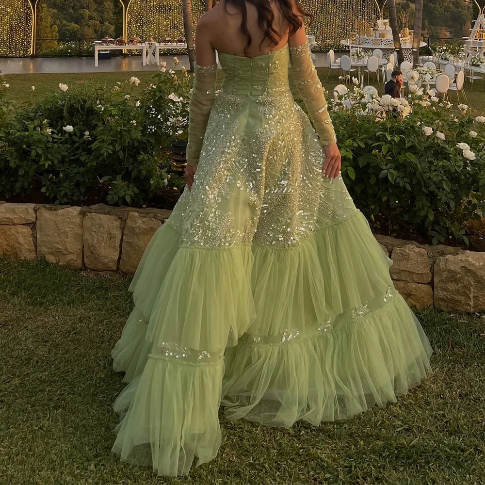 Customized Green Tiered Tulle Sparkly Crystal and Sequined Evening Dress Detachable Sleeve Sweep Train Zipper Back Party Dresses