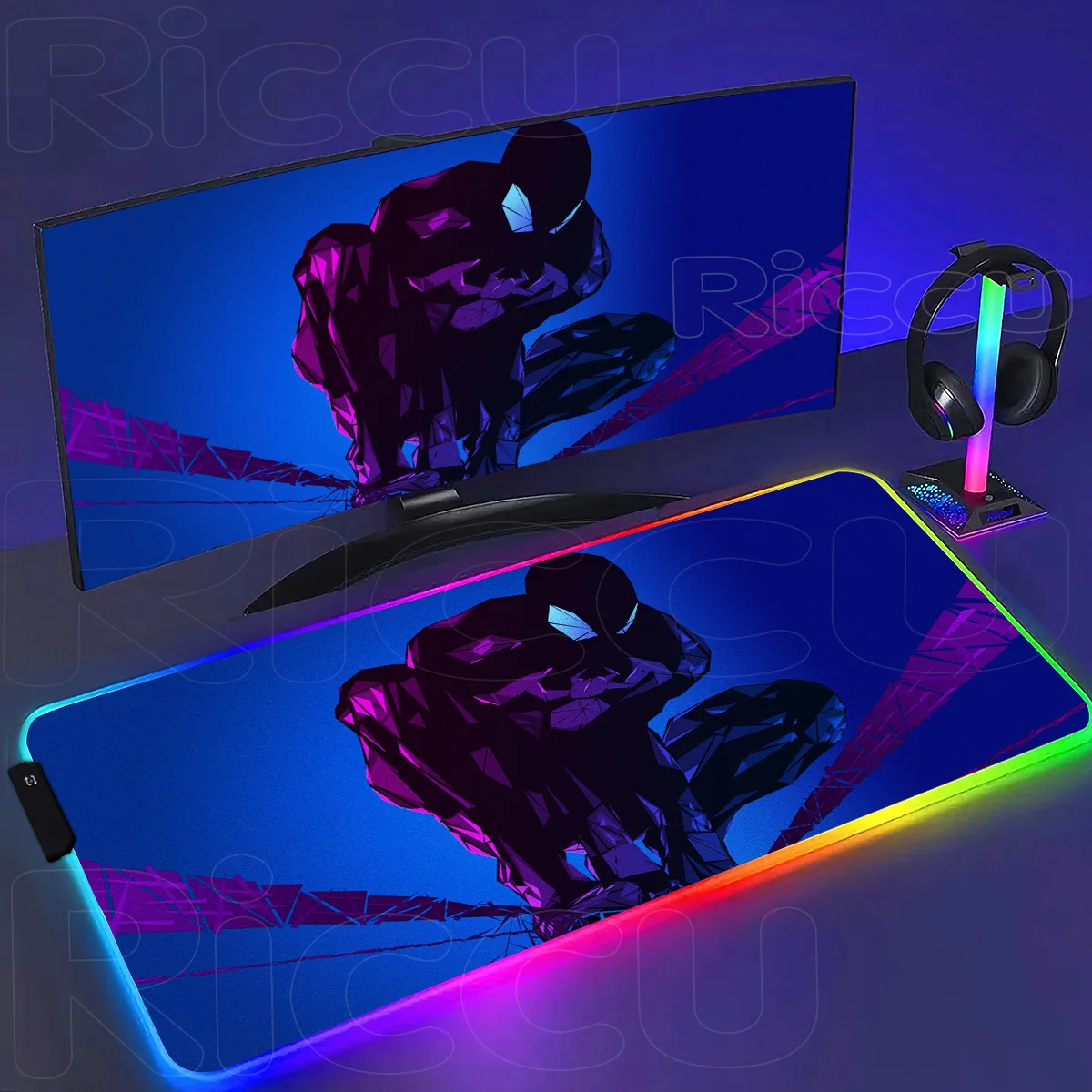 

LED PC peripherals S-Spider Man Mouse Pad Anime RGB Rubber Keyboard Mouse pad comic Office Desk Laptops Gaming Accessories mat