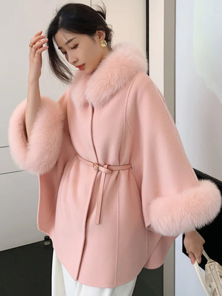 LANMREM High End Double Sided Cashmere Coat Women\'s Fox Collar Cloak Shawl Woolen Fashion Warm Coats 2024 Winter New 2DA8104