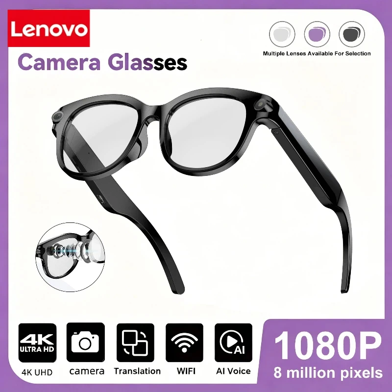 

Lenovo Smart AI Glasses 800W Shooting Camera HD Photo Video Voice Call Translation Waterproof Bluetooth Motorcycle Glasses 2026