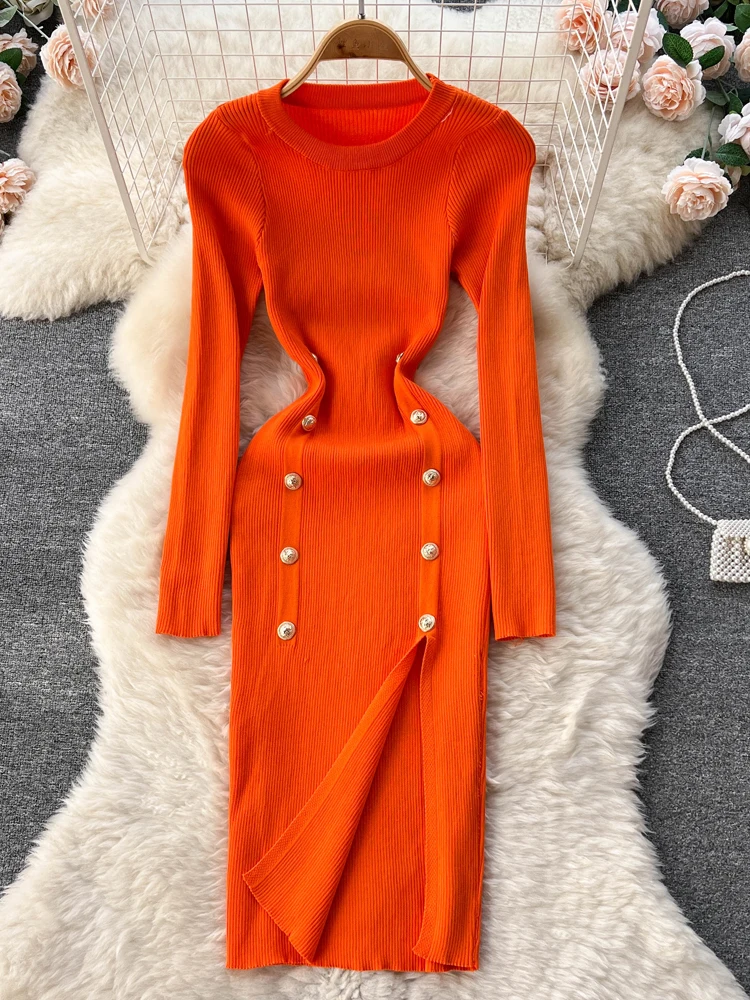 YuooMuoo Big Sales Women Dress Autumn Chic Elegant Double-breasted Split Knitted Wrap Hips Bodycon Dress Korean Party Vestidos