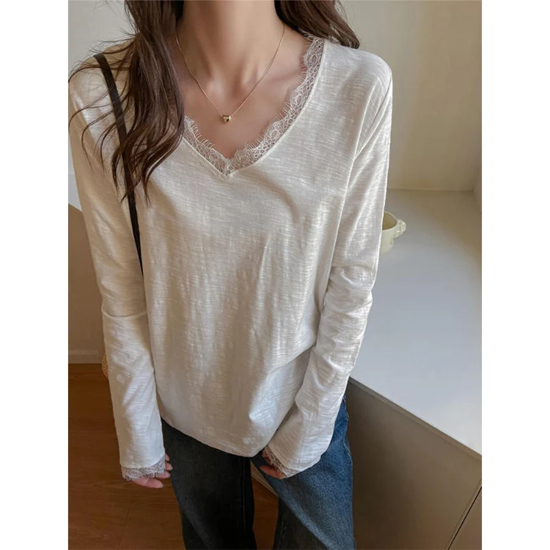 

Осень-зима 2022, кружевные лоскутные футболки с длинными рукавами, женские сексуальные рубашки с v-образным вырезом, Y2K, корейские универсальные топы для внутренней одежды