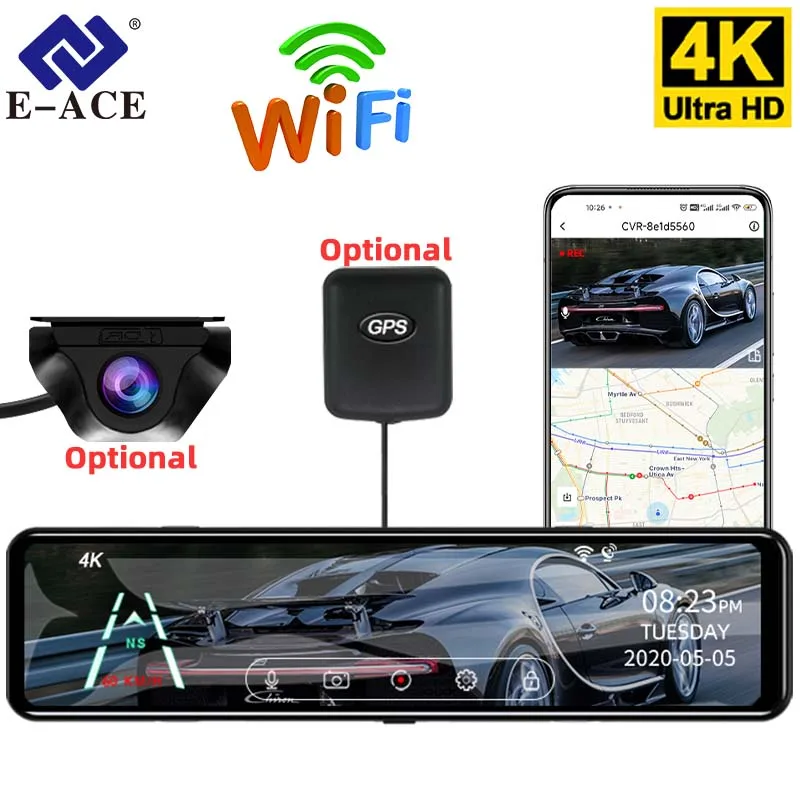 

E-ACE 12'' 4K 2160P WIFI Touch Screen Video Recorder Rear Camera DashCam Front Optional 1080P Rear Camera Mirror DVR Black Box