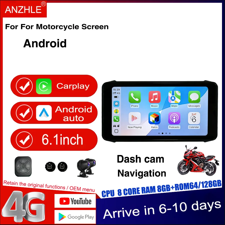 

6.1 Inch Android Motorcycle DVR Navigator Wireless CarPlay GPS 4G Network IP67 Waterproof Driving Assistance System