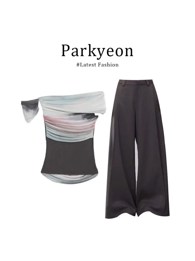 

Summer Off-Shoulder Mesh Short Sleeve T-Shirt American Hot Girl Draped Straight Leg Pants Wide Leg Casual Pants Two-Piece Set...