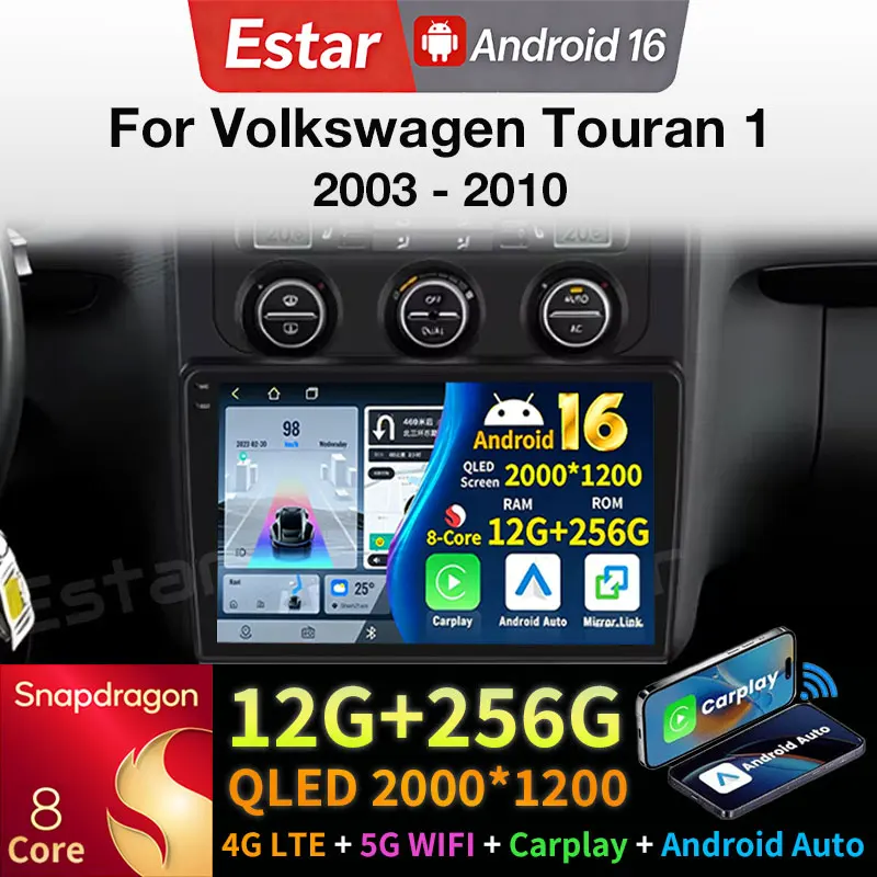 

Автомагнитола Android 16 для Volkswagen Touran 1 2003-2010, GPS-мультимедийный плеер, навигационная система, беспроводной Carplay, QLED-стерео, видео