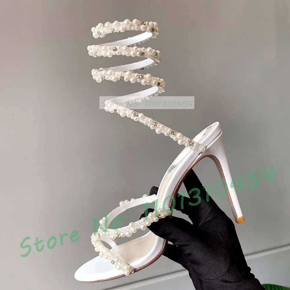 Pearl Snake Wrap Sandals Women Elegant Crystal-set Puttee Stiletto Heel Shoes Ladies Cow Leather White Evening Dress Sandals