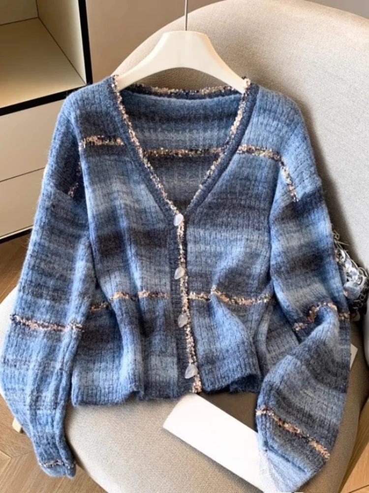 

Contrast Striped V-neck Knitted Cardigan Fashion Vintage Design Short Sweaters 2025 Autumn New Single Breasted Women's Clothing