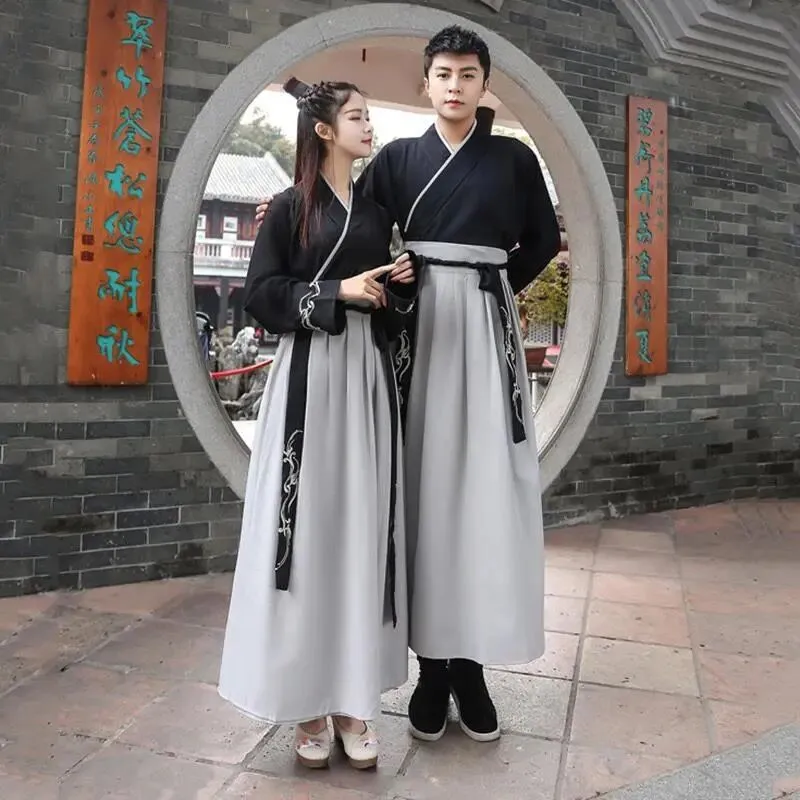 Couples Chinese Traditional Hanfu Embroidery Festival Stage Performance Folk Dance Costume Han Dynasty Ancient Swordsman Outfits