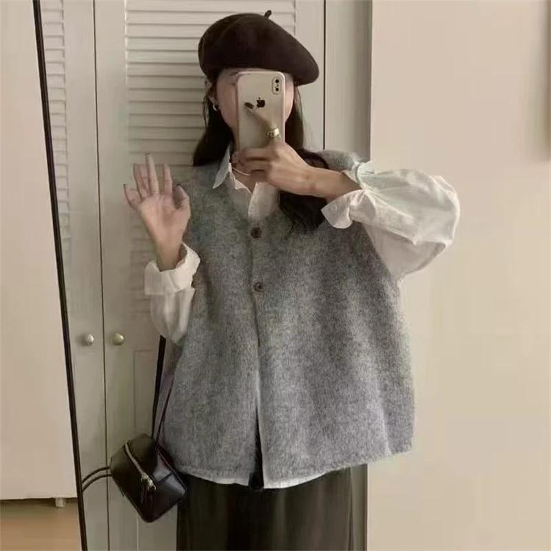 Korean Style round Neck Simple Knitted Open Cardigan Women's Loose Versatile Design Sweater Vest Autumn Winter New Arrival