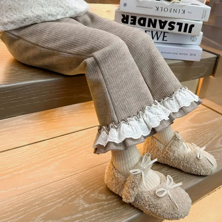 

Baby Girls Pants Fashion Fleece Thicken Skinny Lace 2024 Winter New Korean Style Childrens Flared Pants