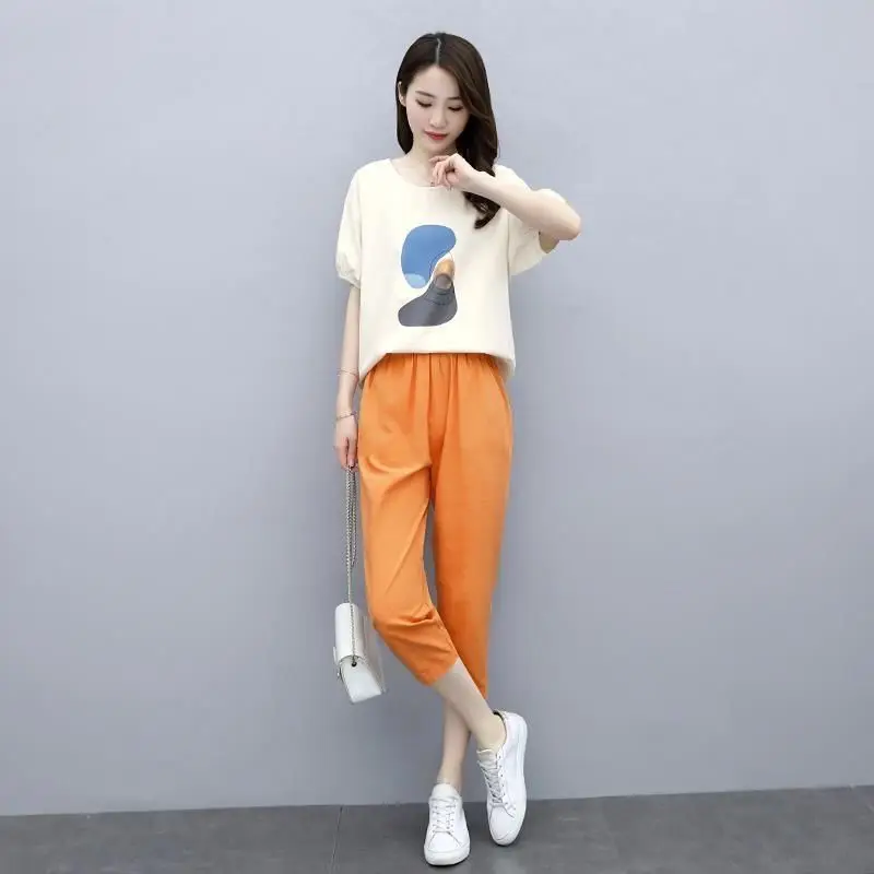 Women's Casual Suit Cotton Tops 2024 Summer New Fashion Sports Slimming T-shirt And Calf-Length Pants 2 Two Piece Set For Women