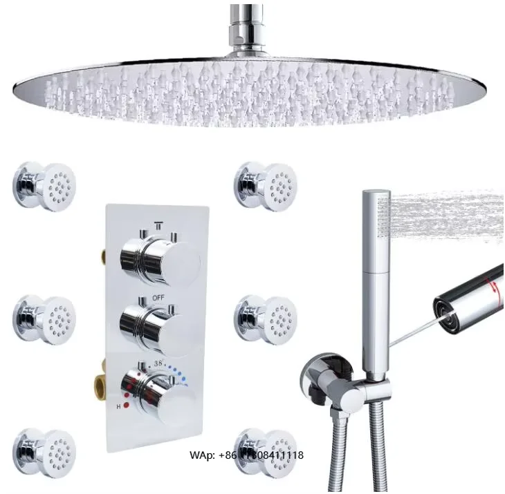 

Polished Chrome 16 Modern Wall Mounted Heavy Rainfall Thermostatic Faucet Brass Hand Shower with Massage Jet Mode