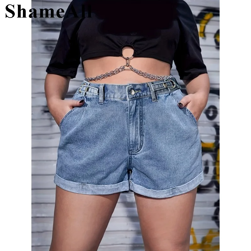 Plus Size Boyfriend Roll Up Jeans corti azzurri 4XL Donna Orlo grezzo Vita alta Jeans grigi Pantaloni caldi Pantaloncini Jean con risvolto