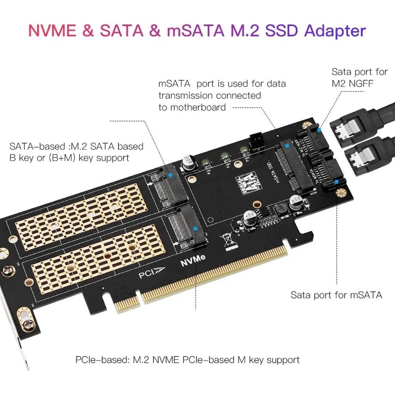 3 In 1 NGFF And MSATA SSD Adapter Card,M.2 NVME To PCIE/M.2 SATA SSD To SATA III/MSATA To SATA Adapter For 2280/2260