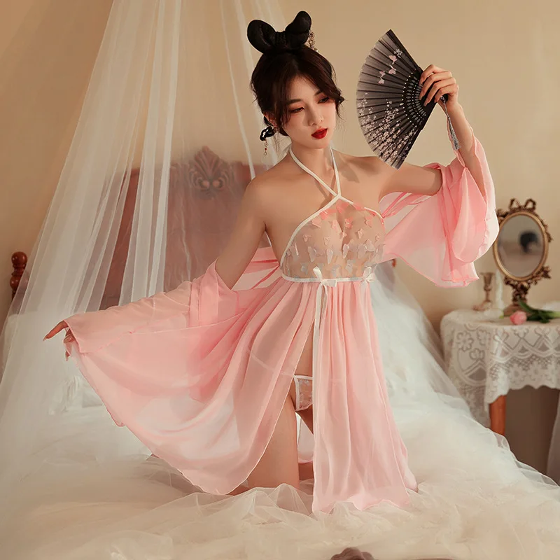 Chinese Sexy Hanfu Skirt Women Pure Desire Lingerie Uniform Hot Shawl Temptation Pajamas Chiffon Bandage Ancient Dress Set Pink