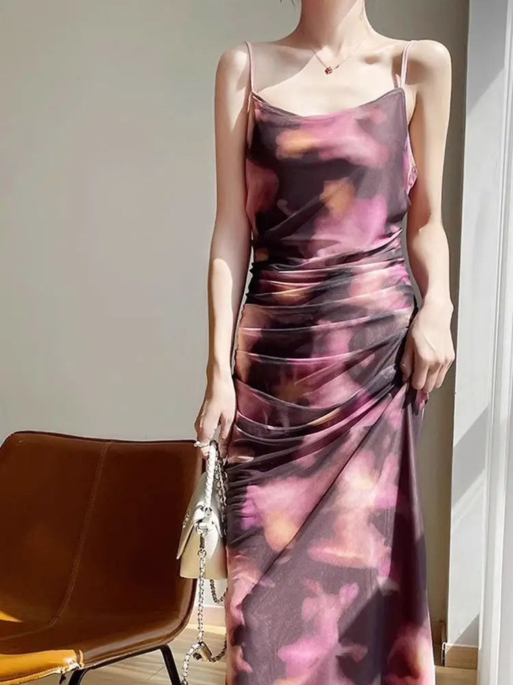 섹시한 플로럴 프린트 레이스 폴드 헴 슬립 드레스 여성 여름 2025 슬림 롱 스커트 슬림 웨이스트 A라인 가운