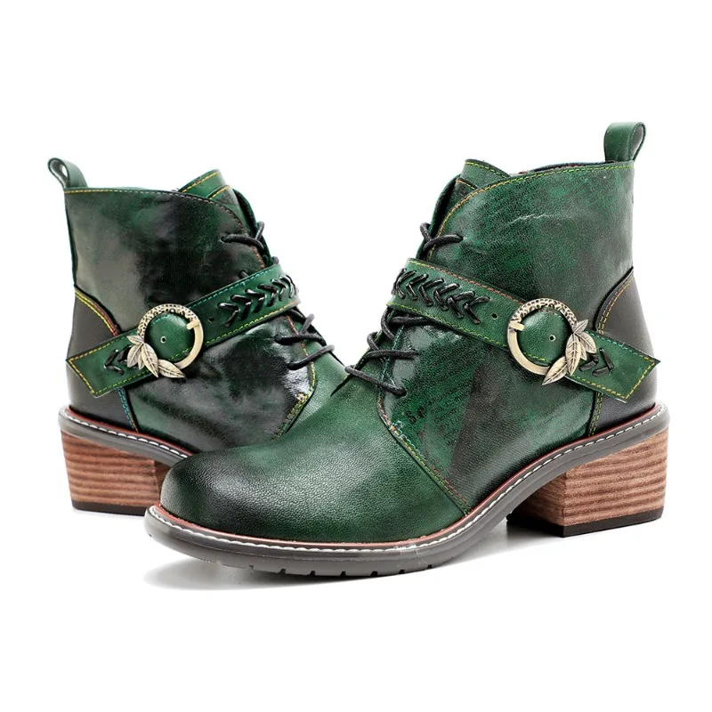 

2025 Women Boots Watarproof Ankle Boots Belt Buckle ZIP Genuine Leather Manual Color Wiping British Style Women Shoes Green