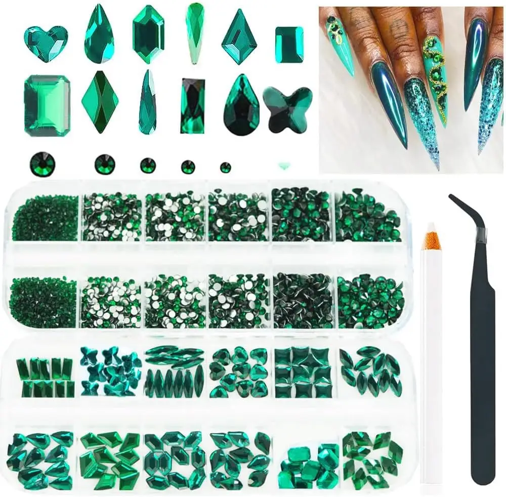 Nail Rhinestones,  Green Nails Art Diamond with 2680 Pcs Gem Stones Beads, Emerald Green Clear Nail  Charm for DIY Decoration