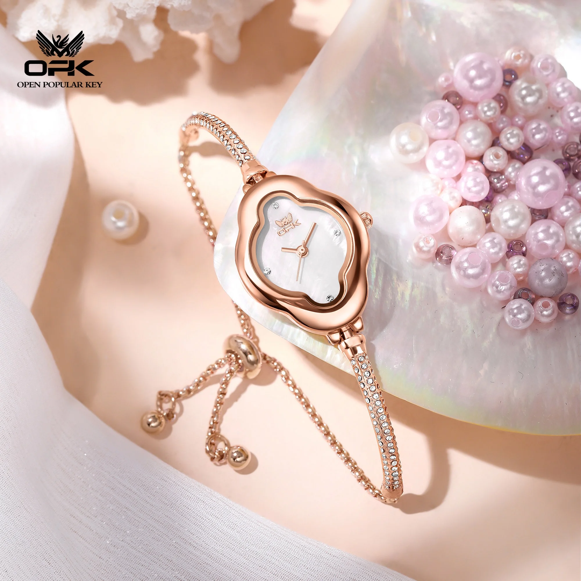 OPK brand watch exquisite and elegant half bracelet bracelet bracelet watch chain, mother of pearl clover dial, waterproof women