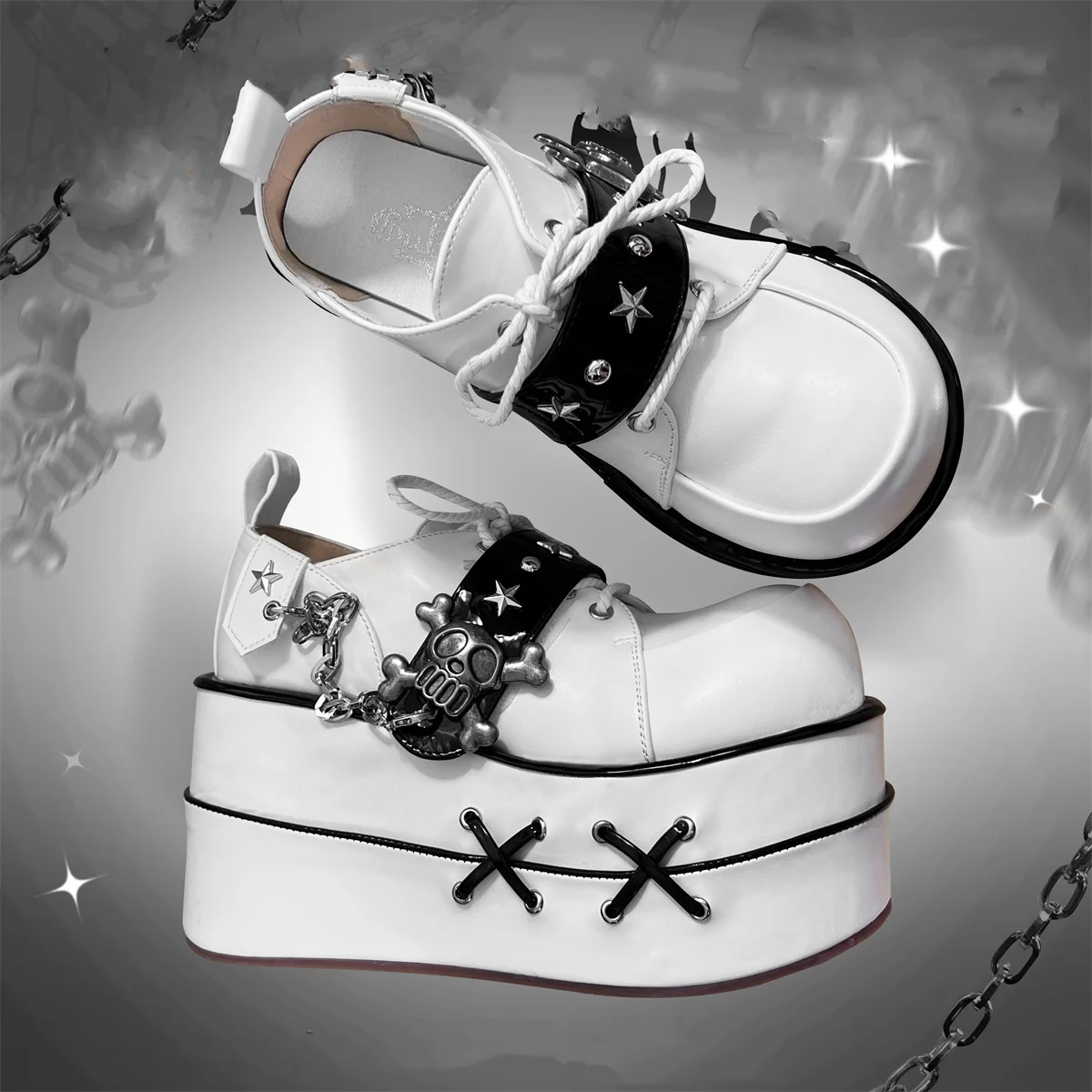 Japanese Vintage Style Victoria Lolita Punk Girl Shoes Thick Bottom Round Head Metal Chain  Skeletons Cross Bandages 10cm Shoes