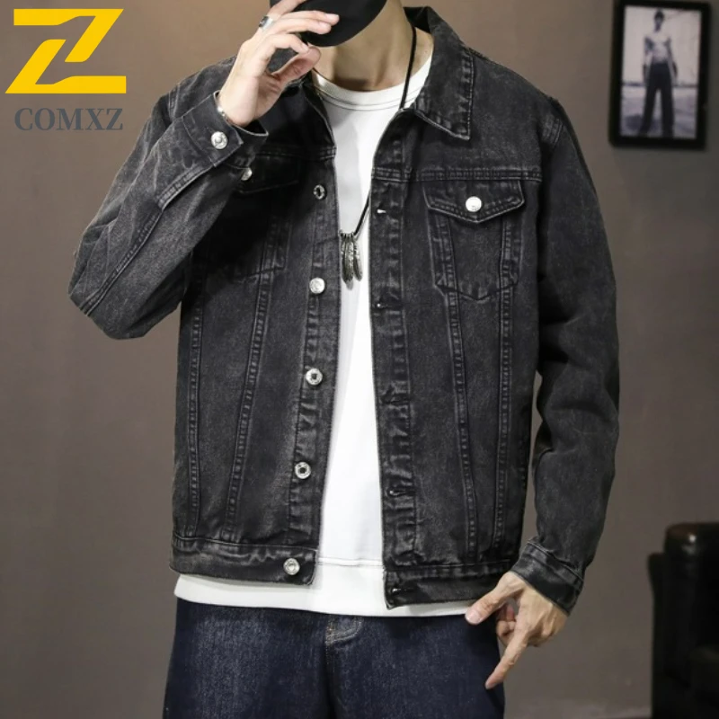 

COMXZ модная черная джинсовая куртка для мужчин, осень 2022, высокое качество, рабочая джинсовая куртка с лацканами, уличное джинсовое пальто большого размера в стиле хип-хоп