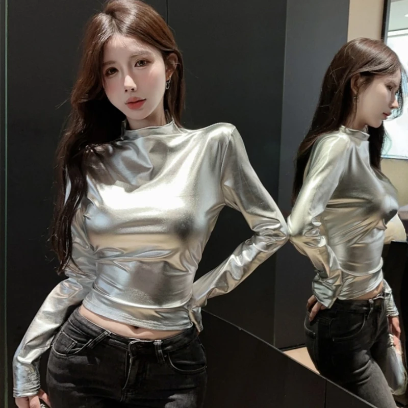 

Spring Fall Women Turtleneck Black Silver Fashion Top Shirt , Korean Style Autumn Woman Clothing Slim Stretchy Tops T Shirts