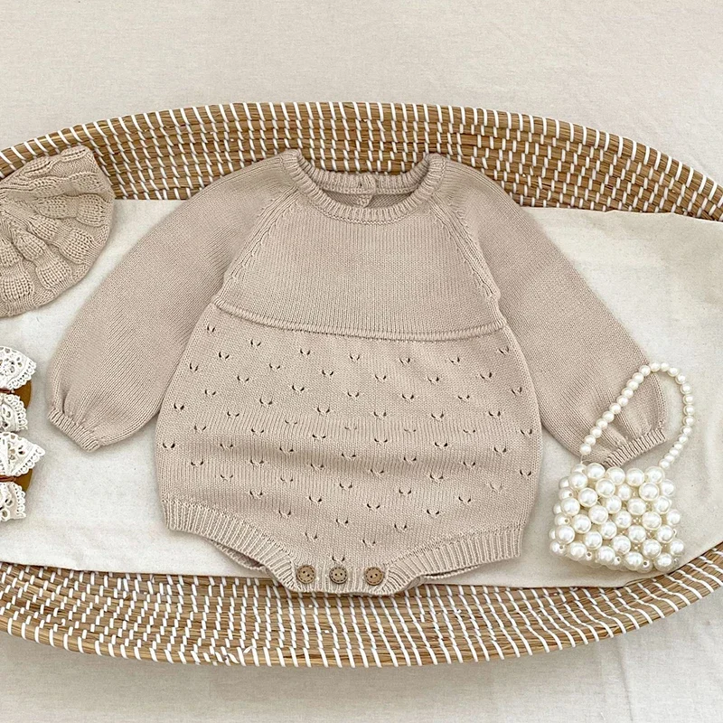

2025 New Autumn 0-24M Newborn Baby Girl Knitted Romper Long Sleeved Solid Color Clothing Infant Baby Girls Knitted Jumpsuit