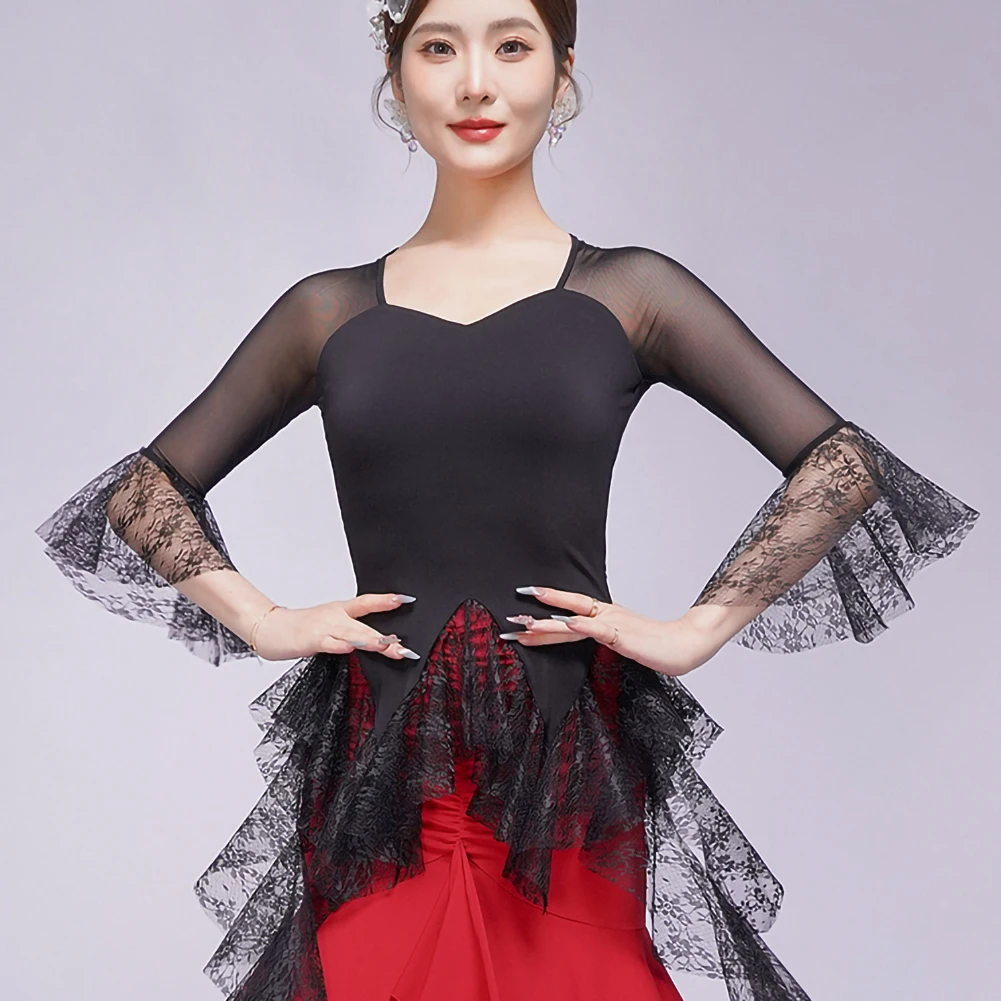 

Modern Dance Women Top White Shirt Ballroom Dance Competition Top Black Elegant Practice Horn Sleeve Lace Performance Suit